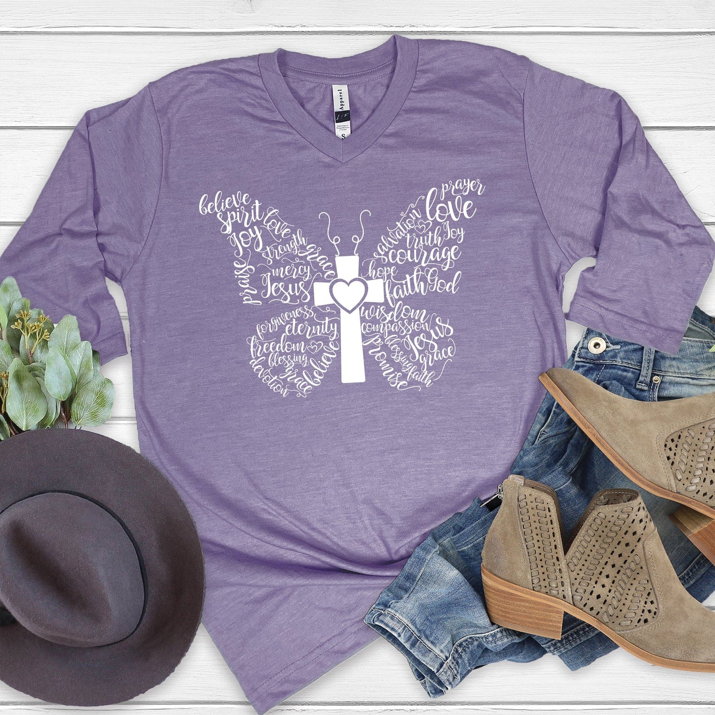 Butterfly Cross 3/4 Sleeve V-Neck