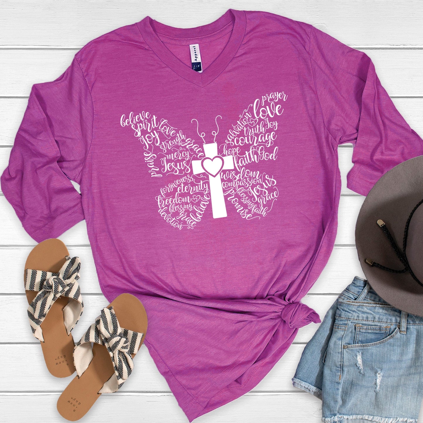 Butterfly Cross 3/4 Sleeve V-Neck