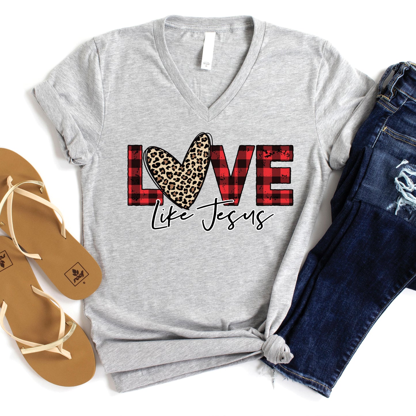 Love Like Jesus Plaid and Leopard V-Neck Tee